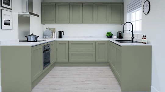 Chilcomb Reed Green Handleless U Shaped Kitchen