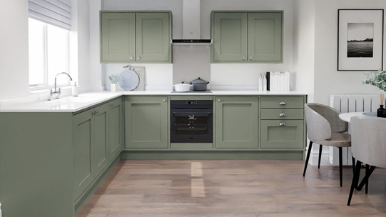 Chilcomb Reed Green In-Frame L Shaped Kitchen