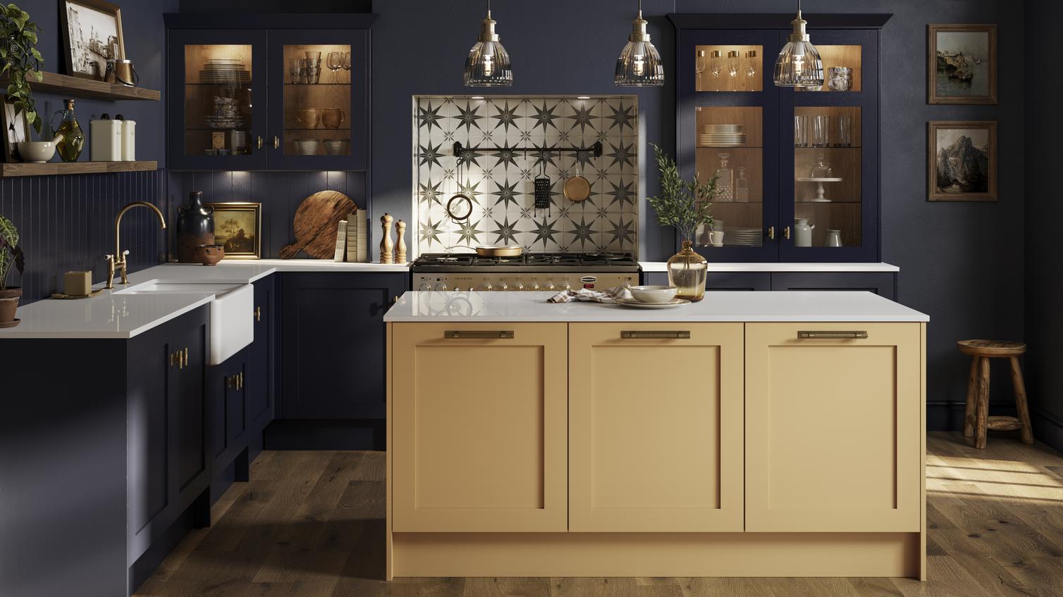 Shaker kitchen with navy units and yellow, saffron island. Has light oak vinyl flooring, white worktops, and Range cooker.