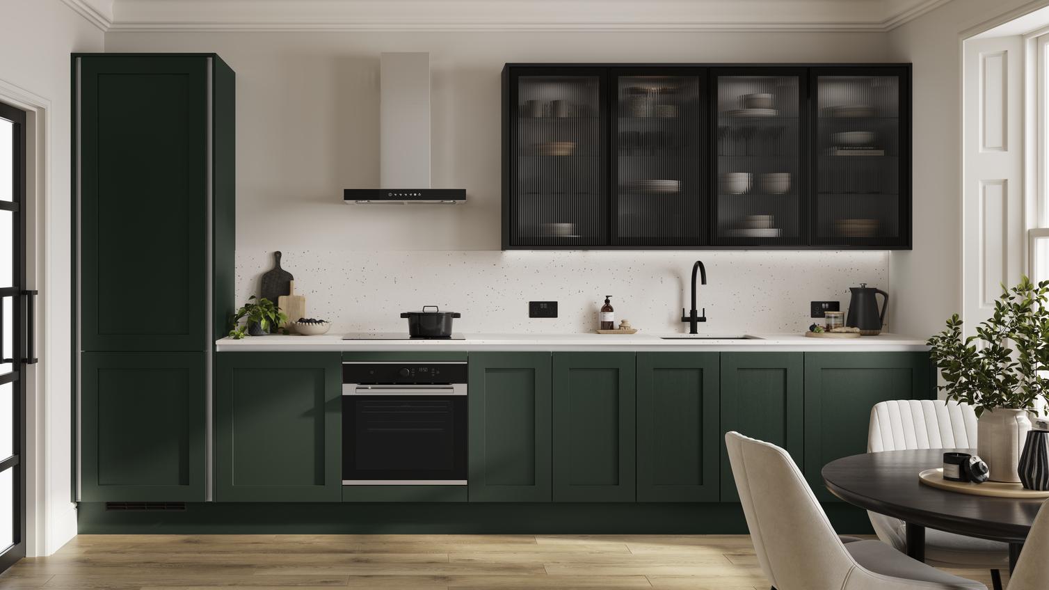 Chilcomb Fir Green Handleless Kitchen | Kitchens | Howdens