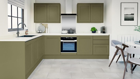 Chilcomb Olive Handleless EKES Set Shot L Shape 