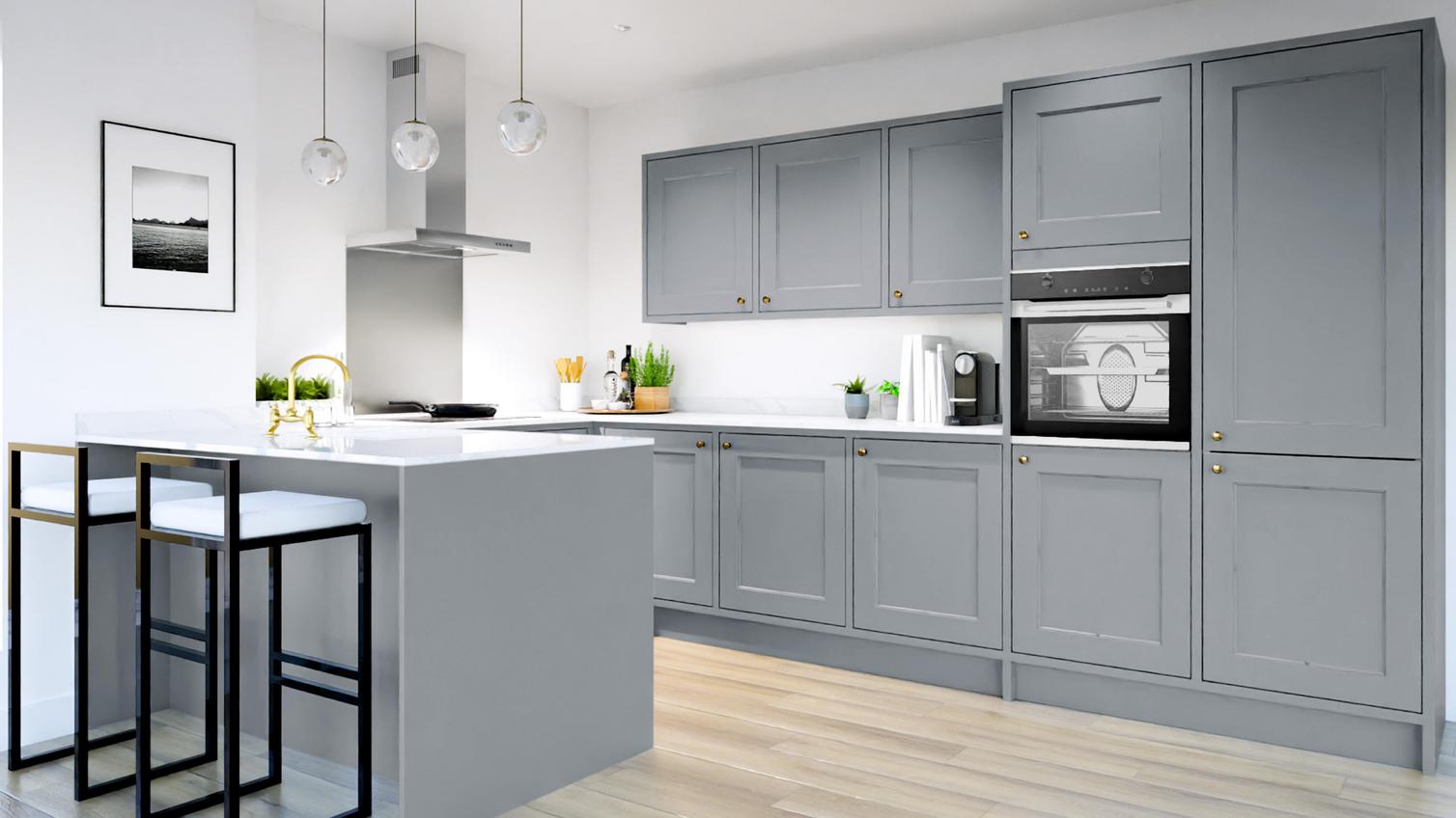Elmbridge Inframe Dusk Blue Peninsula Kitchen