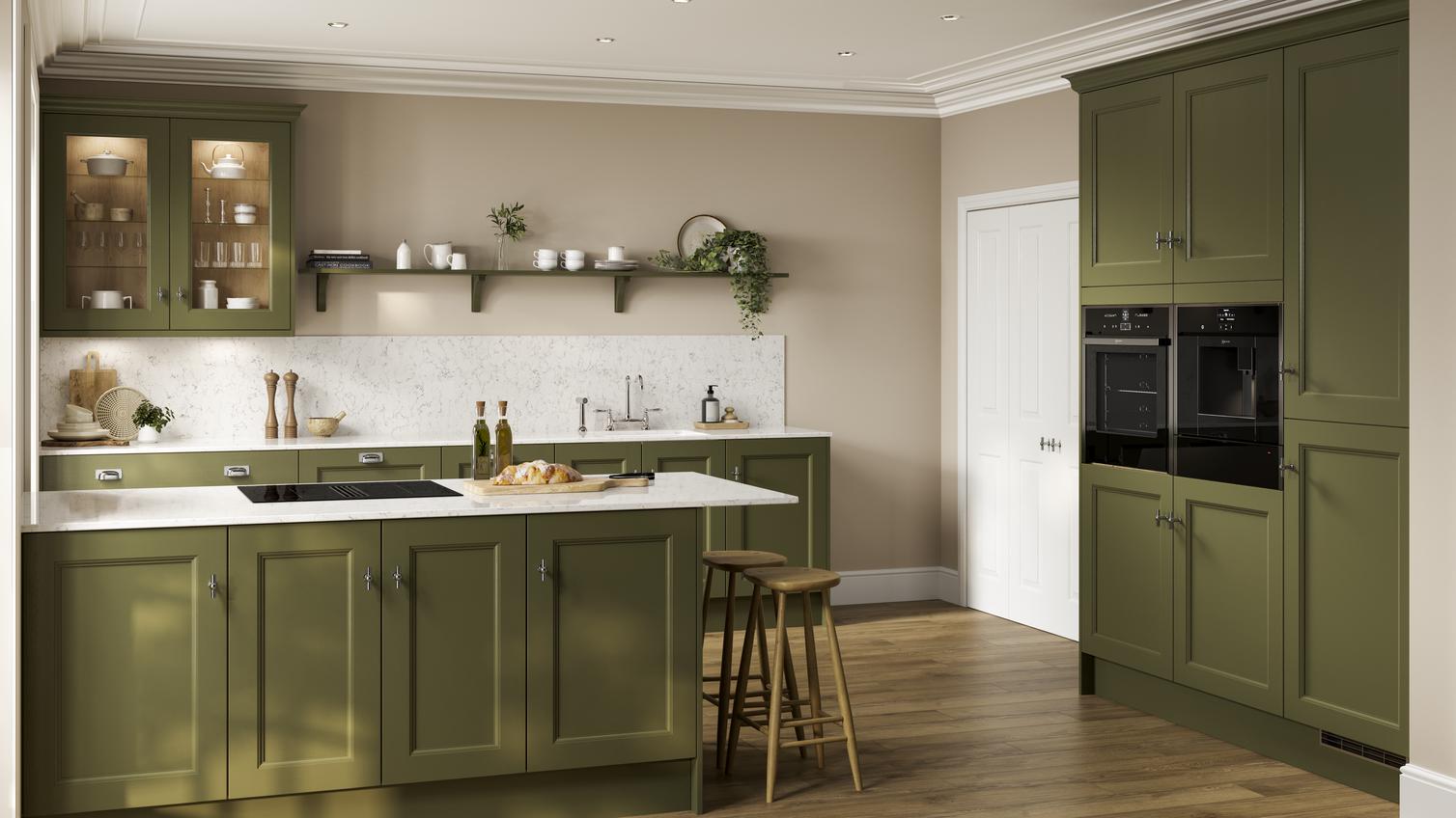 Howdens Sage Green Shaker Kitchen + Appliances Wood Worktops - 3831865