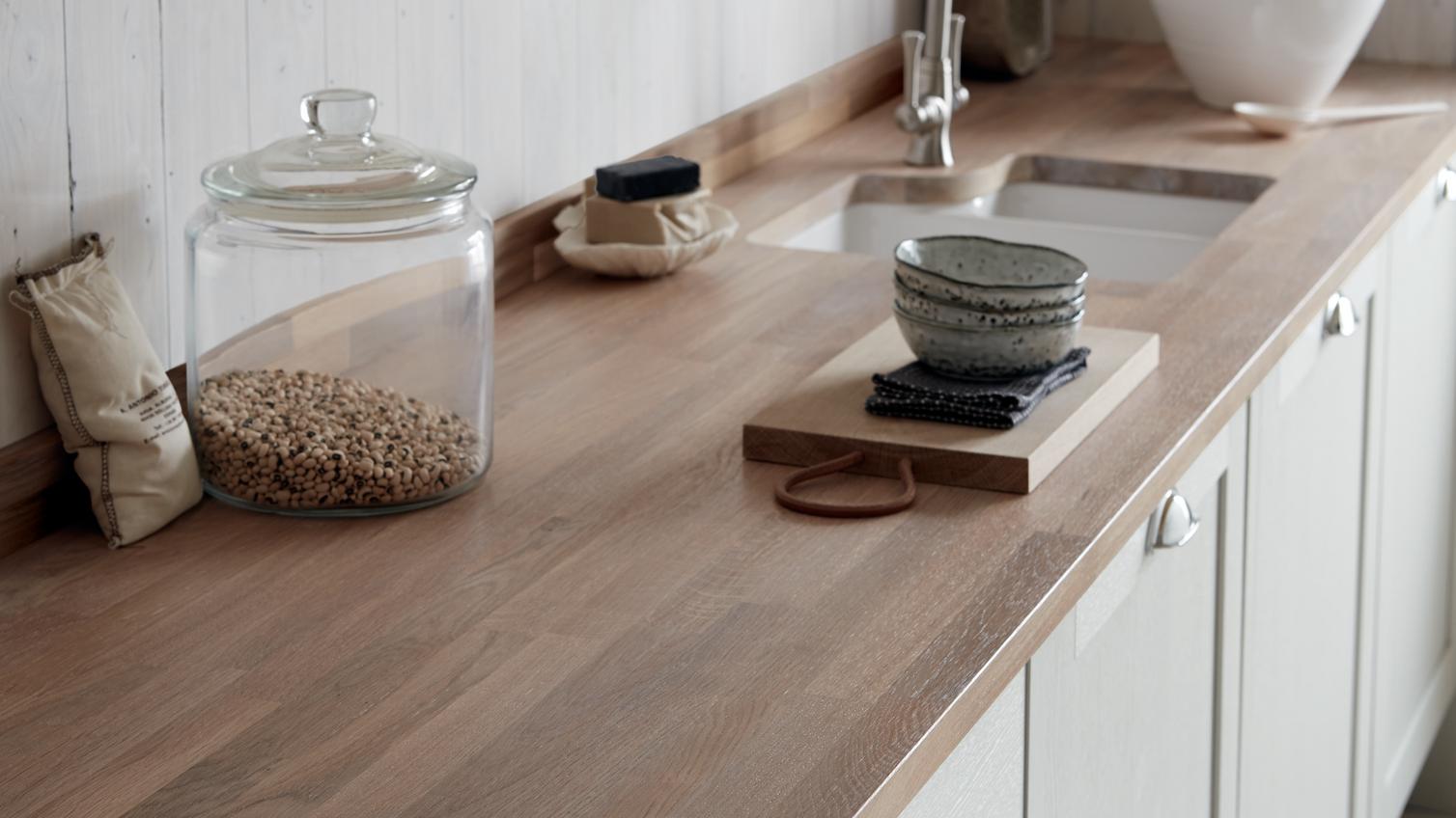 27mm Oak worktop - stained white with 27mm Oak upstand - stained white