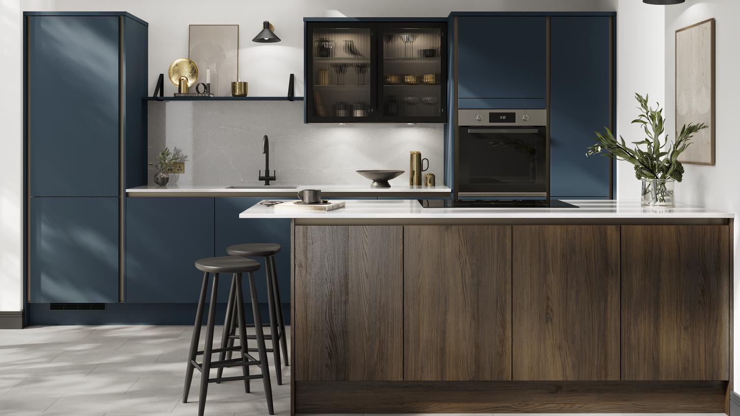 A two-tone kitchen idea with walnut and navy slab doors in a peninsula layout. Contains black trims and fluted wall cabinets.