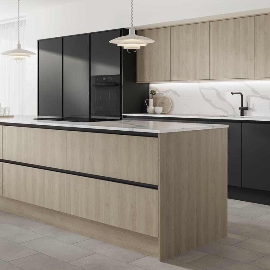 An industrial kitchen idea with oak and black slab doors in an island layout. Has black profiles and white, quartz worktops.