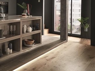 Clerkenwell Gloss Slate Grey and light grey oak laminate and real wood oak flooring