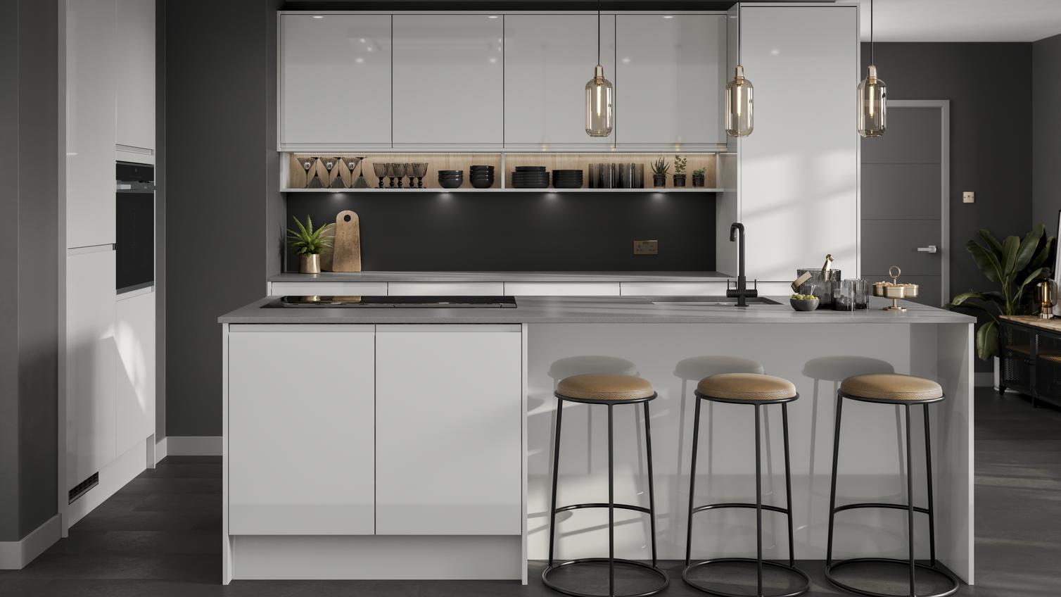 Modern gloss grey kitchen with cotemporary accessories including black kitchen tap and dark grey walls and pendant lighting.