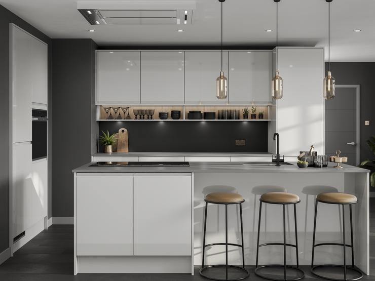 Modern gloss grey kitchen with cotemporary accessories including black kitchen tap and dark grey walls and pendant lighting.