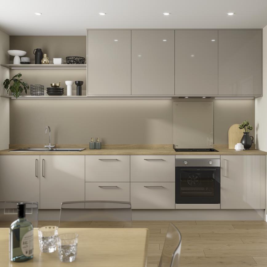 Pebble grey gloss single wall kitchen with light oak effect worktop, open shelving and built under electric oven.