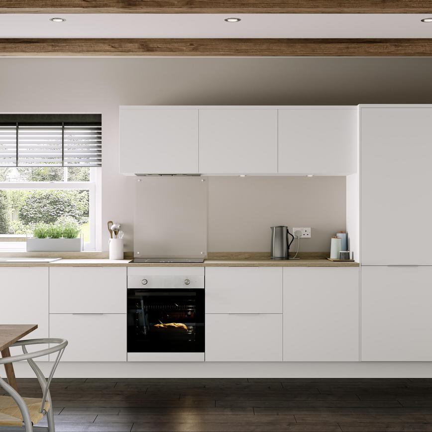 Simple white kitchen idea in a single wall layout. Includes a built-under electric oven, glass splashback, and oak worktops.