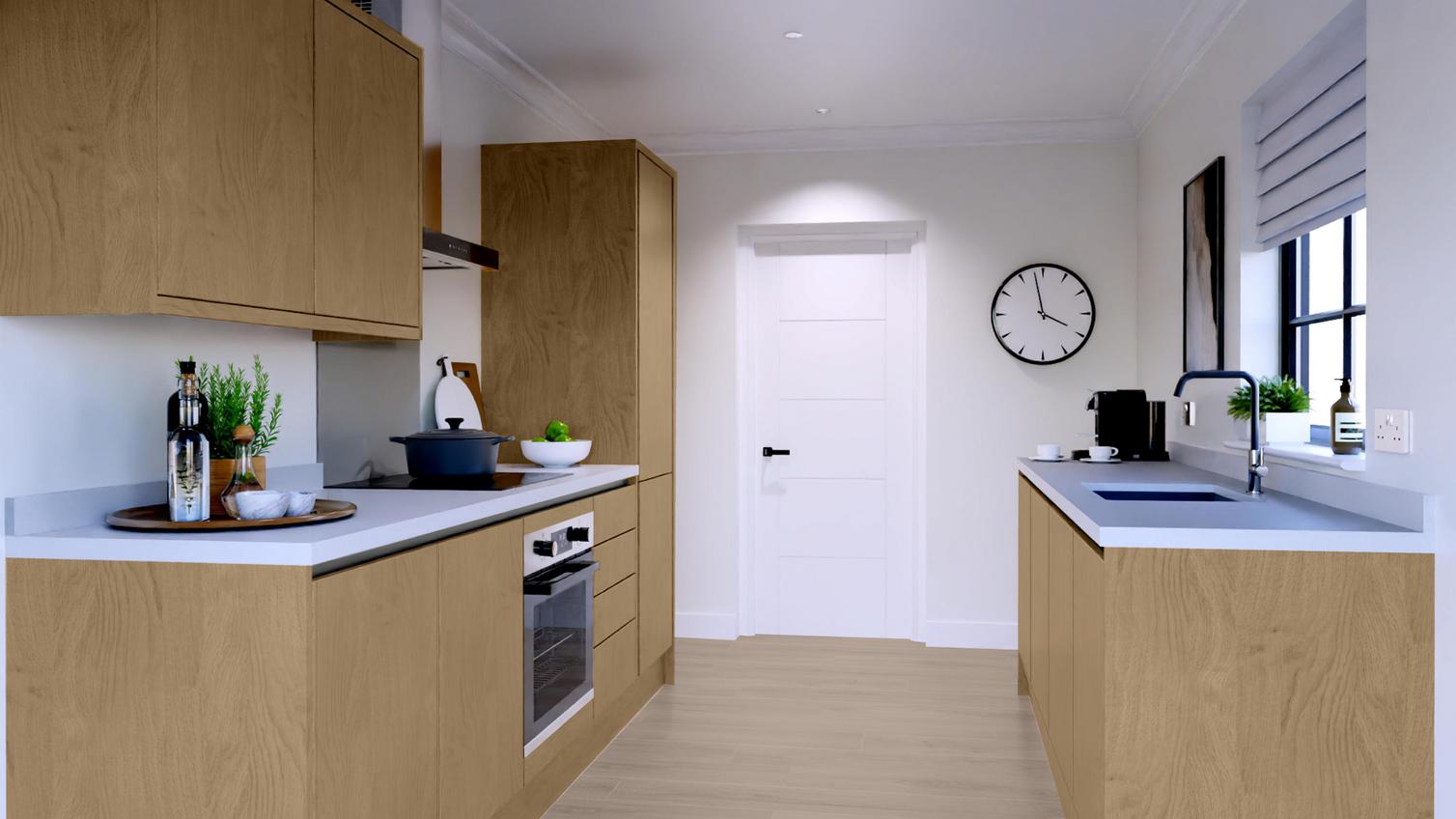 Greenwich Natural Oak Handleless EKES Galley Main Set Shot