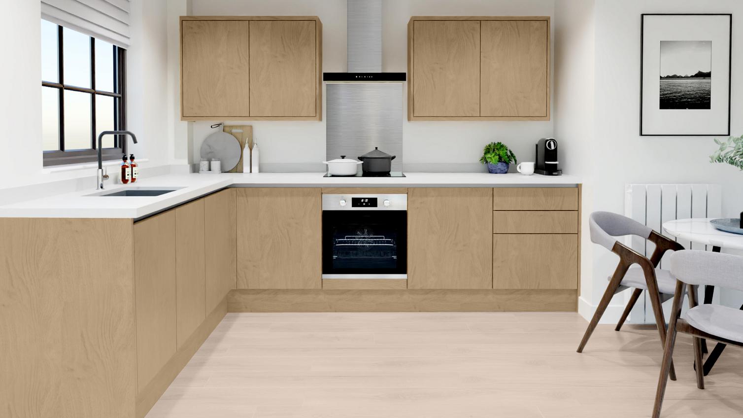 Greenwich Natural Oak Handleless EKES L Shape Main Set Shot