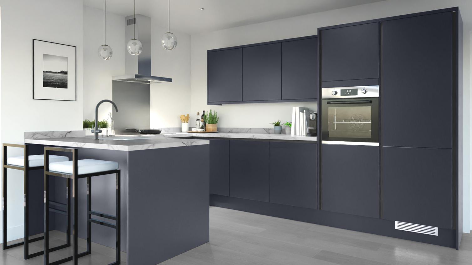 Greenwich Navy Handleless EKES Peninsula Main Set Shot