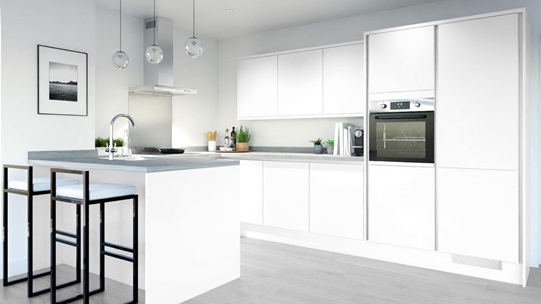 Greenwich White Smooth Handleless EKES Peninsula Main Set Shot