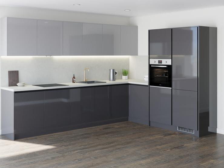 Slate grey handleless gloss kitchen in an l shape with contrasting white worktop, copper kitchen tap and built in oven.