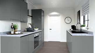 Greenwich Gloss Slate Grey Handleless EKES Galley Main Set Shot