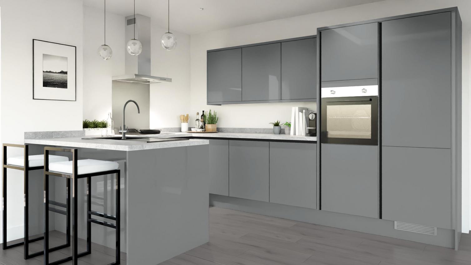 Greenwich Gloss Slate Grey Handleless EKES Peninsula Main Set Shot