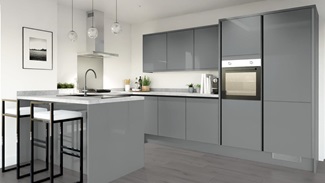 Greenwich Gloss Slate Grey Handleless EKES Peninsula Main Set Shot