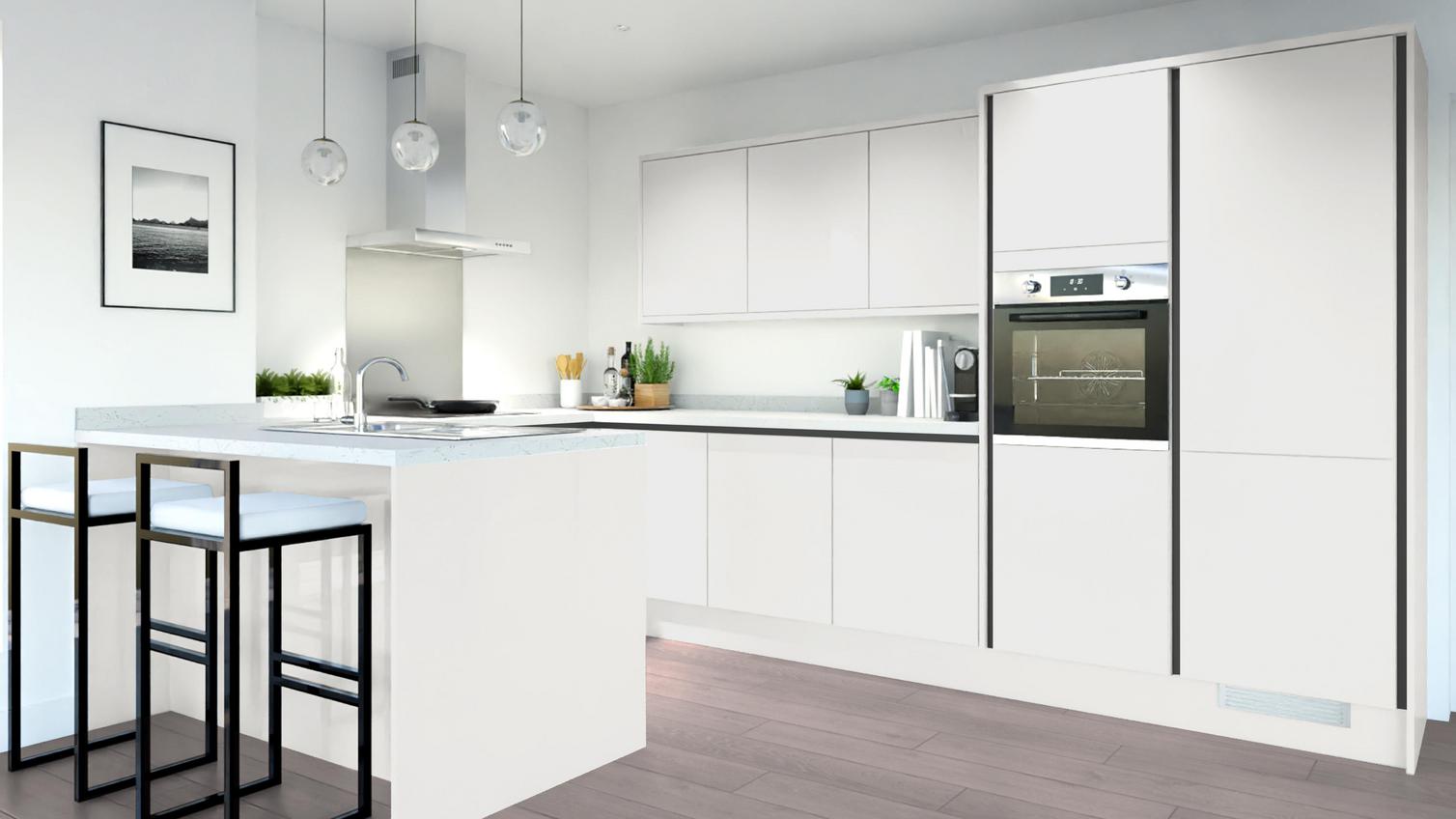 Greenwich Gloss Dove Grey Handless EKES Peninsula Main Set Shot