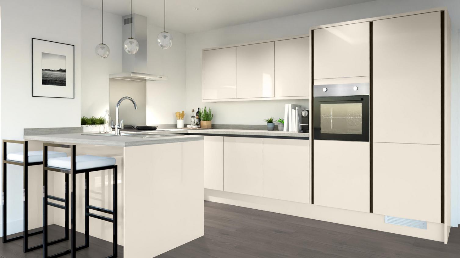 Greenwich Gloss Sandstone Handleless EKES Peninsula Main Set Shot