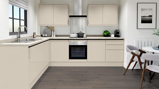 Greenwich Gloss Sandstone Handleless EKES L-Shape Main Set Shot