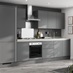 A contemporary grey handleless kitchen in a single wall layout with silver profiles, slab cupboards, and pale wood worktops.