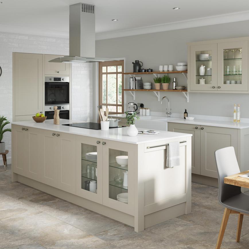 Pebble grey shaker kitchen with inset units incorporating a double oven. Kitchen island with cabinet storage.