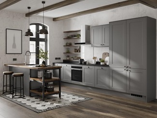 Slate grey shaker kitchen with island style sink and overhanging breakfast bar. Open shelving and exposed white brickwork.