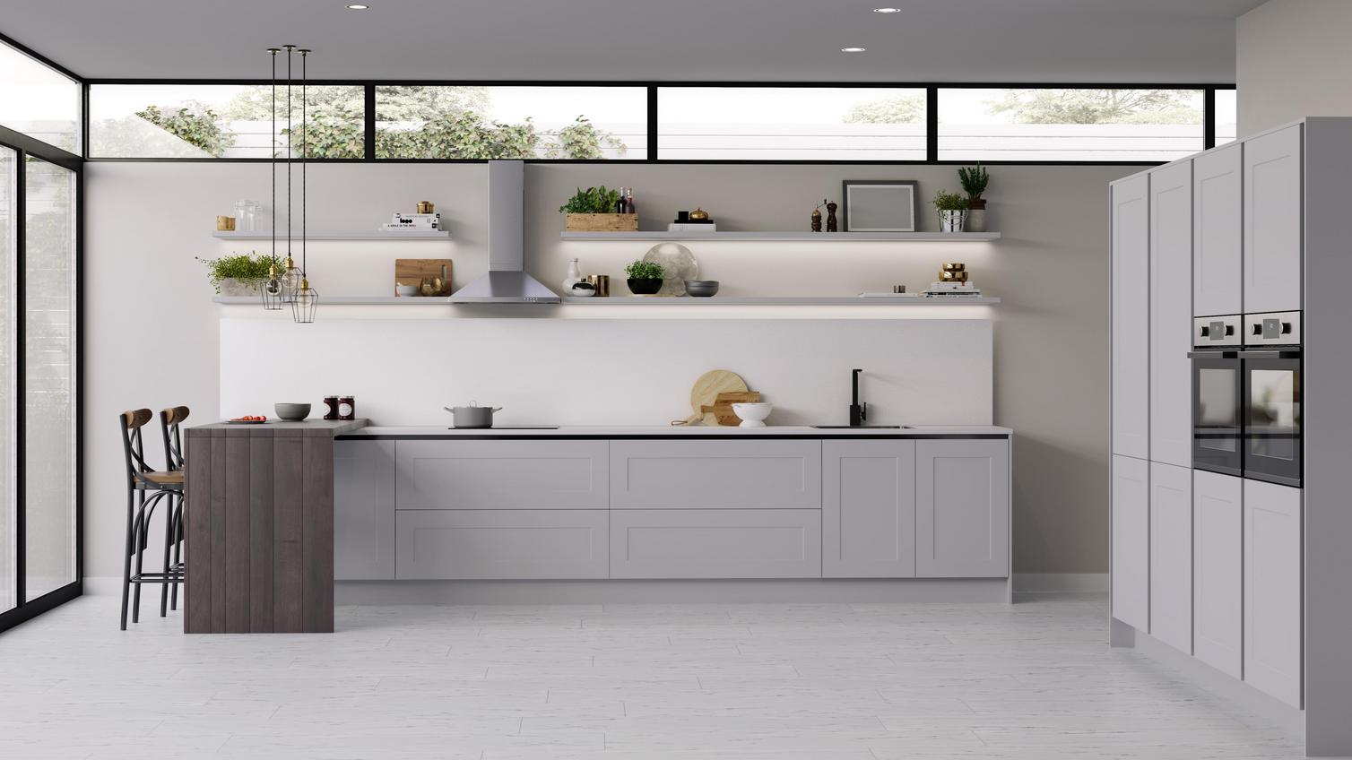 Ultra modern  handleless dove grey shaker kitchen with decorative black inlays and matching black kitchen mixer tap