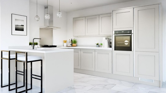 Chelford Dove Grey Handless EKES Peninsula Main Set Shot