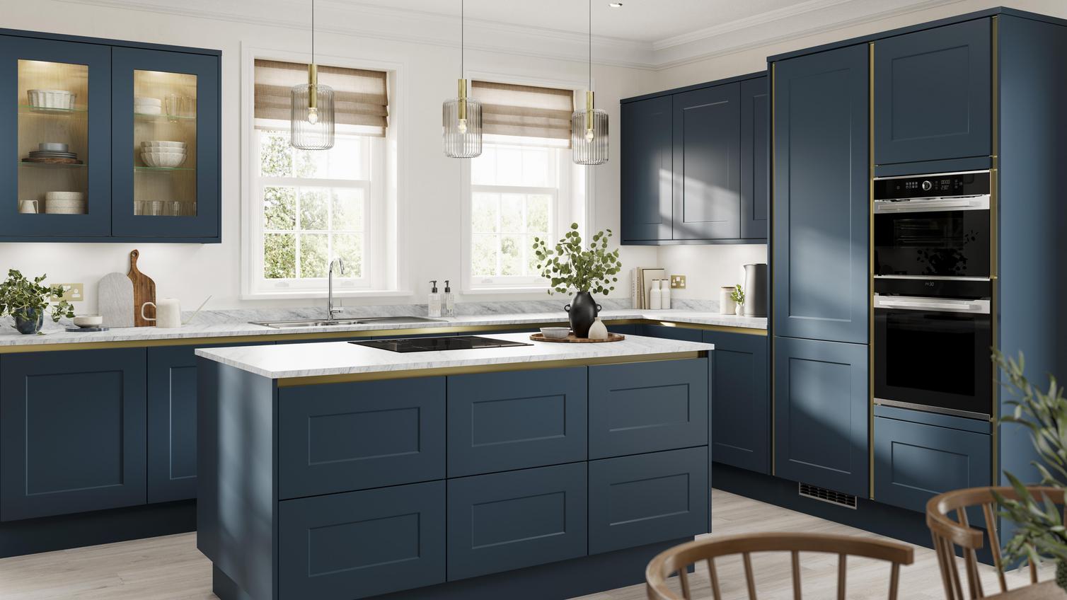 Handleless blue kitchen with marine tones and matt, shaker door fronts. Includes white worktops for a two-tone style