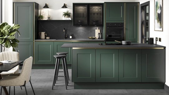 Chelford Fir Green Handleless Main Kitchen Set Shot 