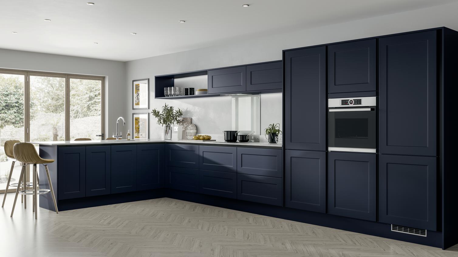 L-shape modern shaker style blue kitchen idea with handleless cabinets. Includes half-height wall units and open shelving