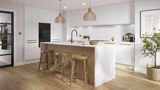 A matt white kitchen in an L-shape with island & brass accessories. The island has reeded oak panels with matching flooring.