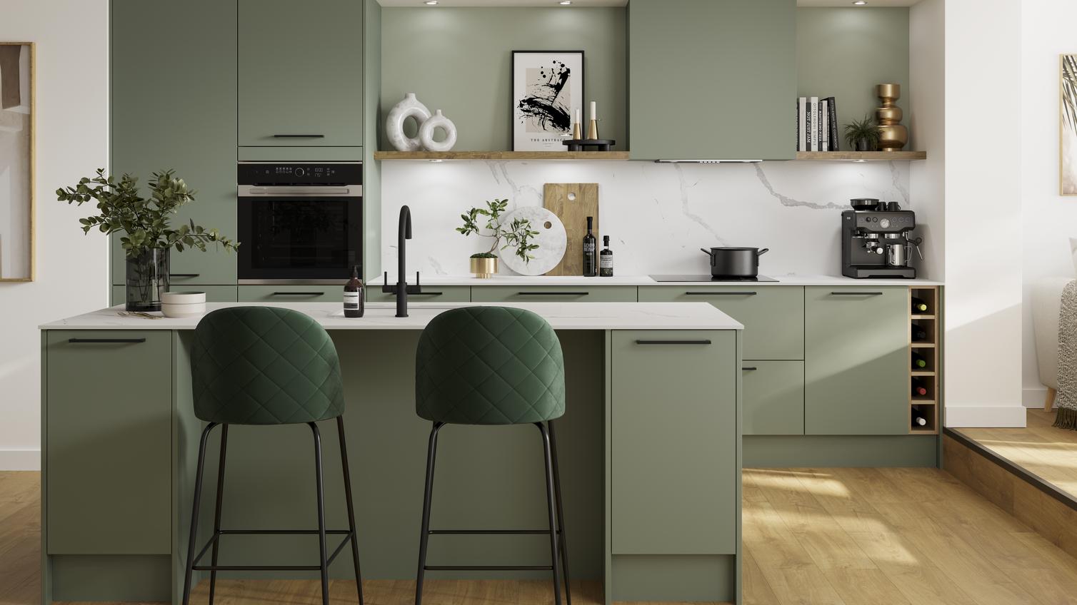 Reed green kitchen with matt, slab cabinet doors in an island layout. Includes white worktops and matching splashback.