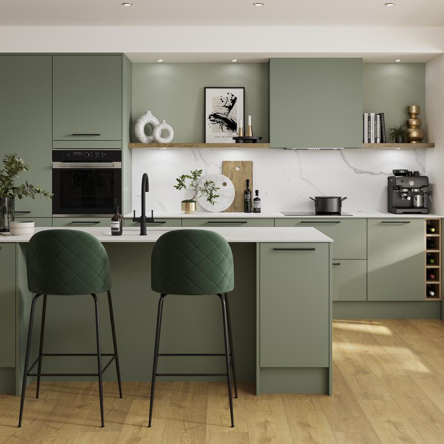 Reed green kitchen with matt, slab cabinet doors in an island layout. Includes white worktops and matching splashback.