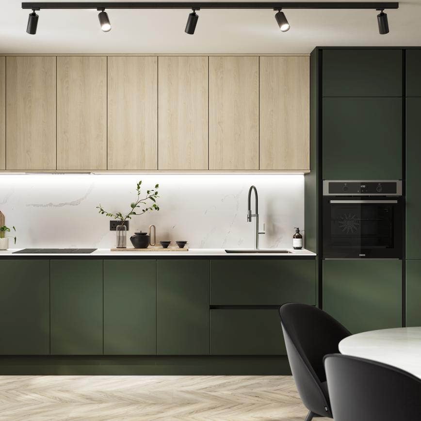A single-wall kitchen with green cabinets. Includes a white worktop, induction hob, and oak wall cabinets.