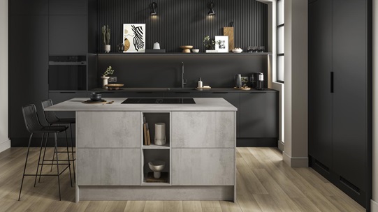 A matt black kitchen with a black worktop and appliances. Includes a grey, stone-effect kitchen island.
