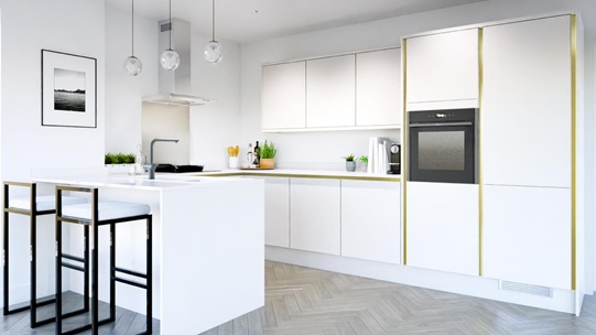 Hockley Mirror Gloss White Handleless EKES Peninsula Main Set Shot