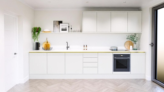 Hockley Mirror Gloss White Handleless EKES Single Wall Main Set Shot