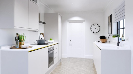 Hockley Mirror Gloss White Handleless EKES Galley Main Set Shot