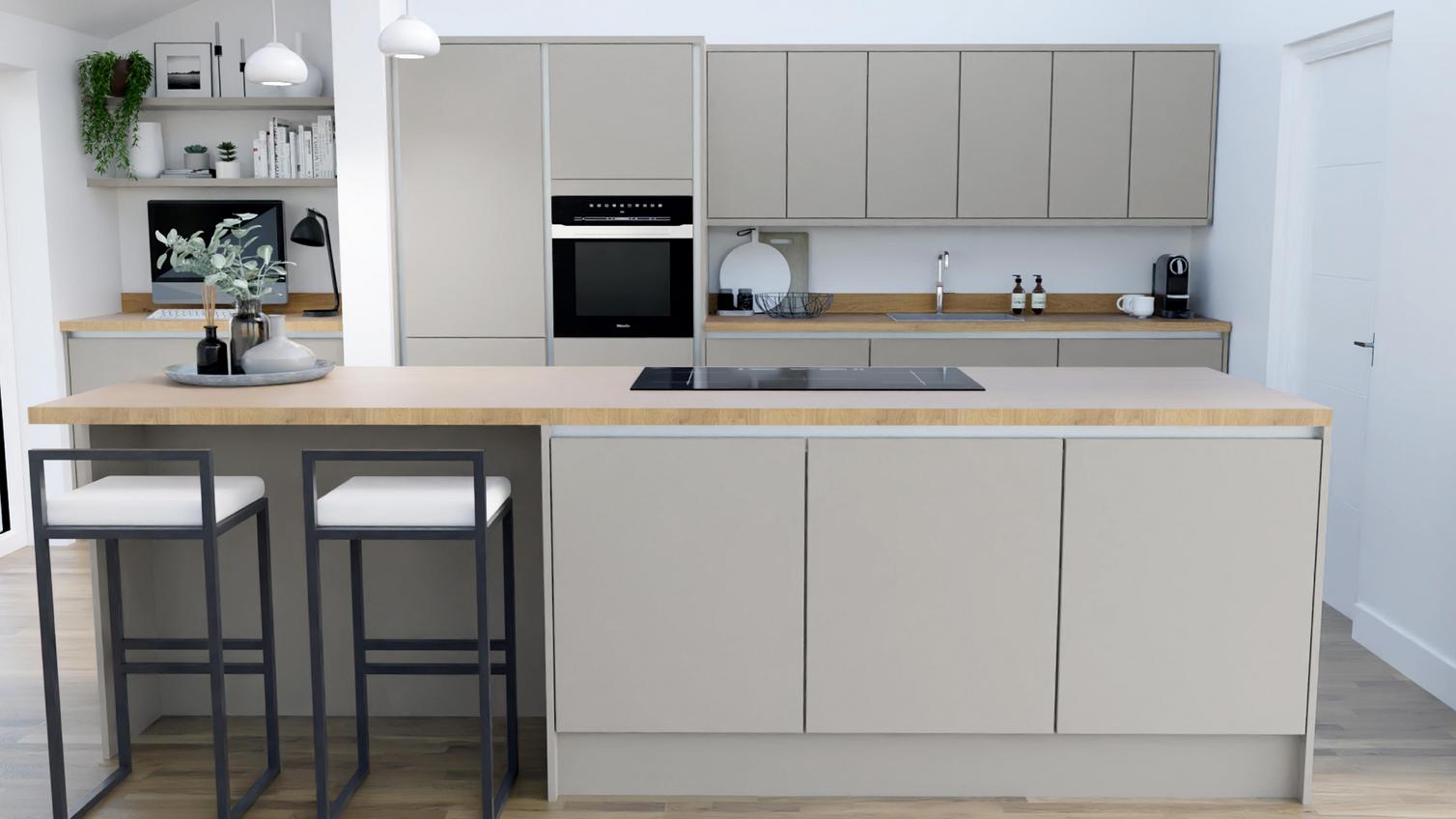 Hockley Super Matt Dove Grey Handleless EKES Island Main Set Shot