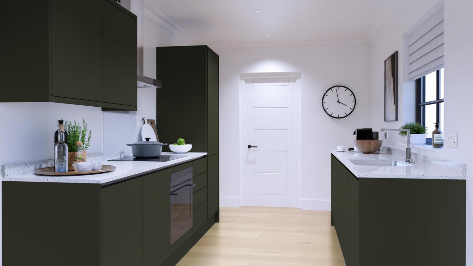 Hockley Super Matt Fir Green EKES Handless Galley