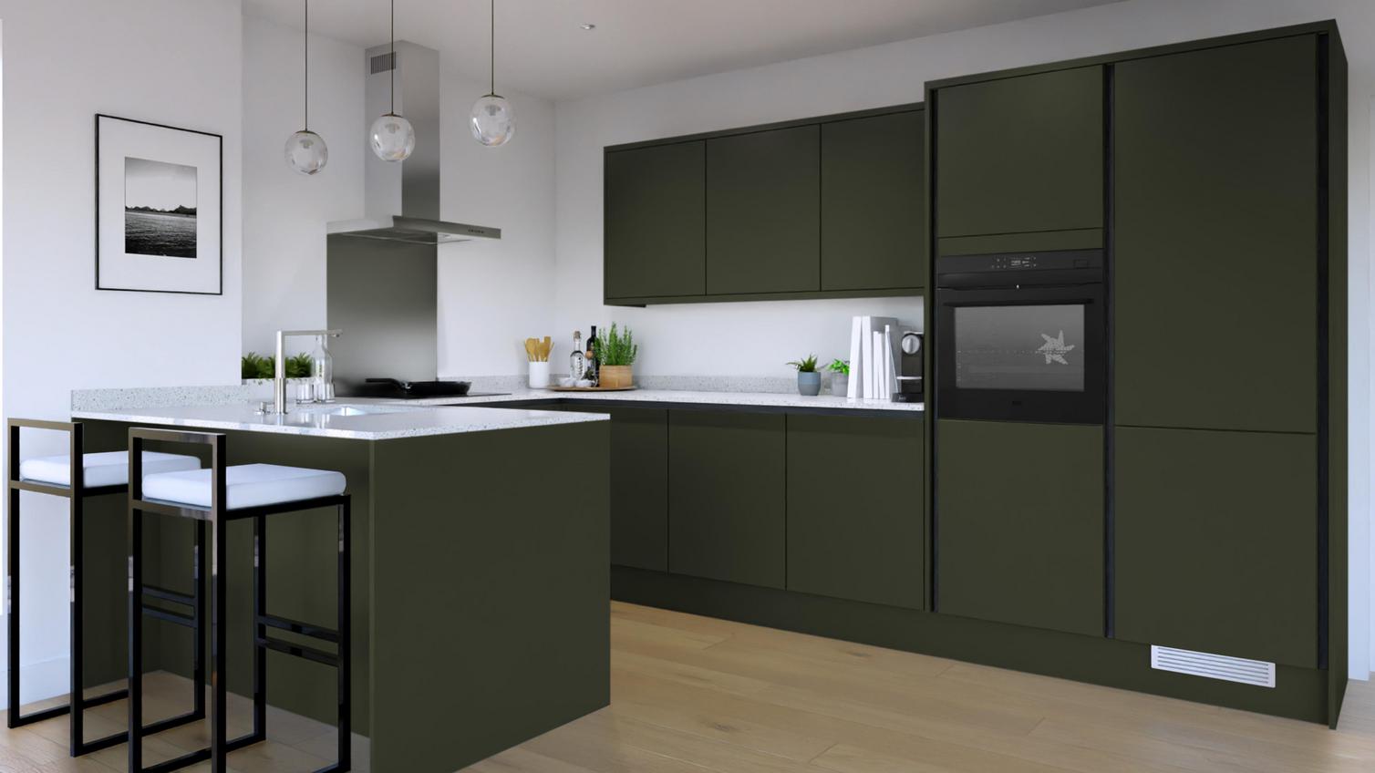 Hockley Super Matt Fir Green EKES Handless Penisula