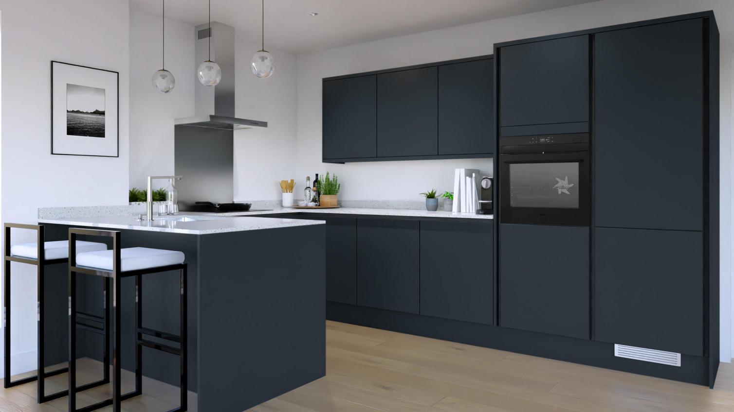 Hockley Super Matt Marine Blue Handleless EKES Peninsula