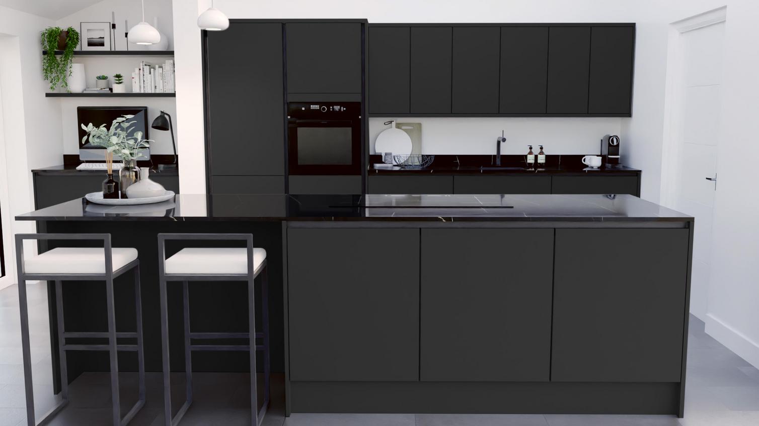 Hockley Super Matt Charcoal Handleless EKES Island Main Set Shot