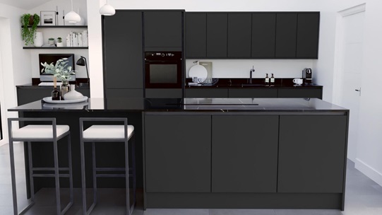 Hockley Super Matt Charcoal Handleless EKES Island Main Set Shot