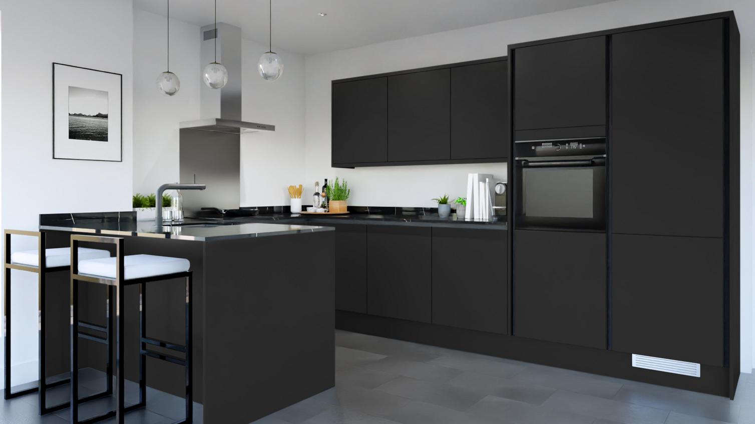 Hockley Super Matt Charcoal Handleless EKES Peninsula Main Set Shot