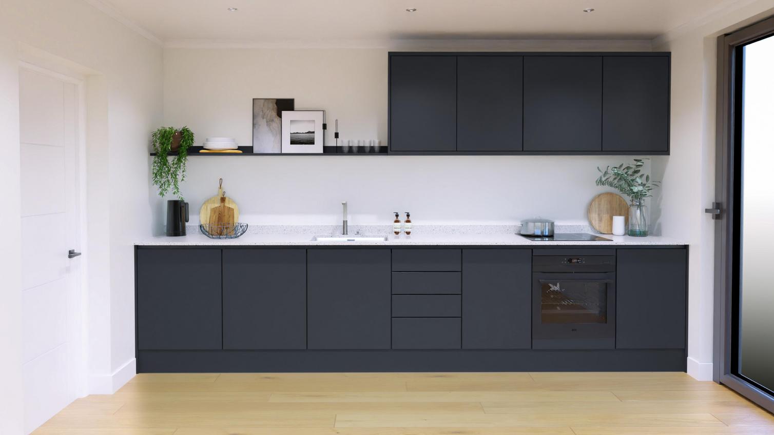 Hockley Super Matt Navy Handleless EKES Single Wall Main Set Shot